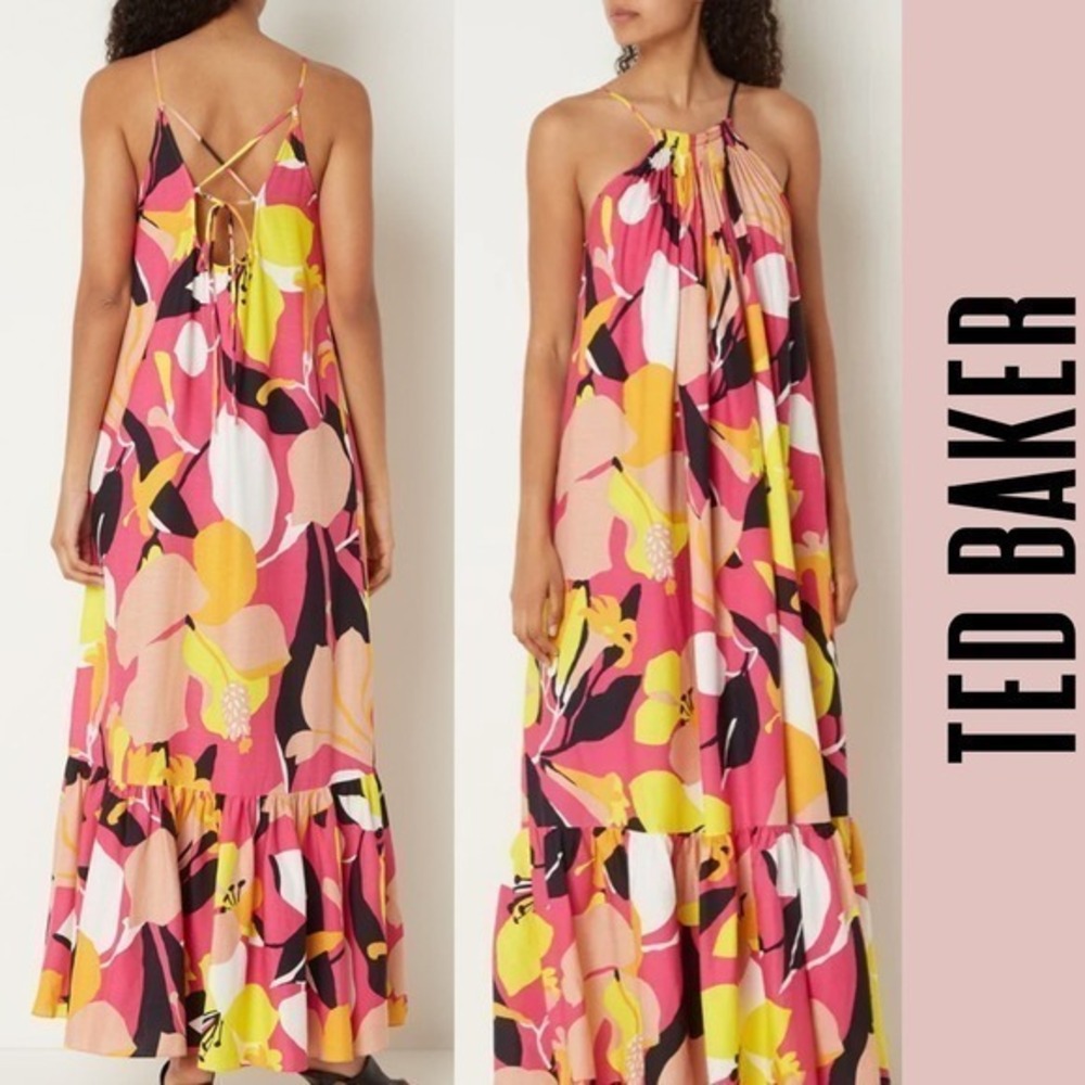 Ted Baker maxi dress linen halter a-line floral tropical tiered 6